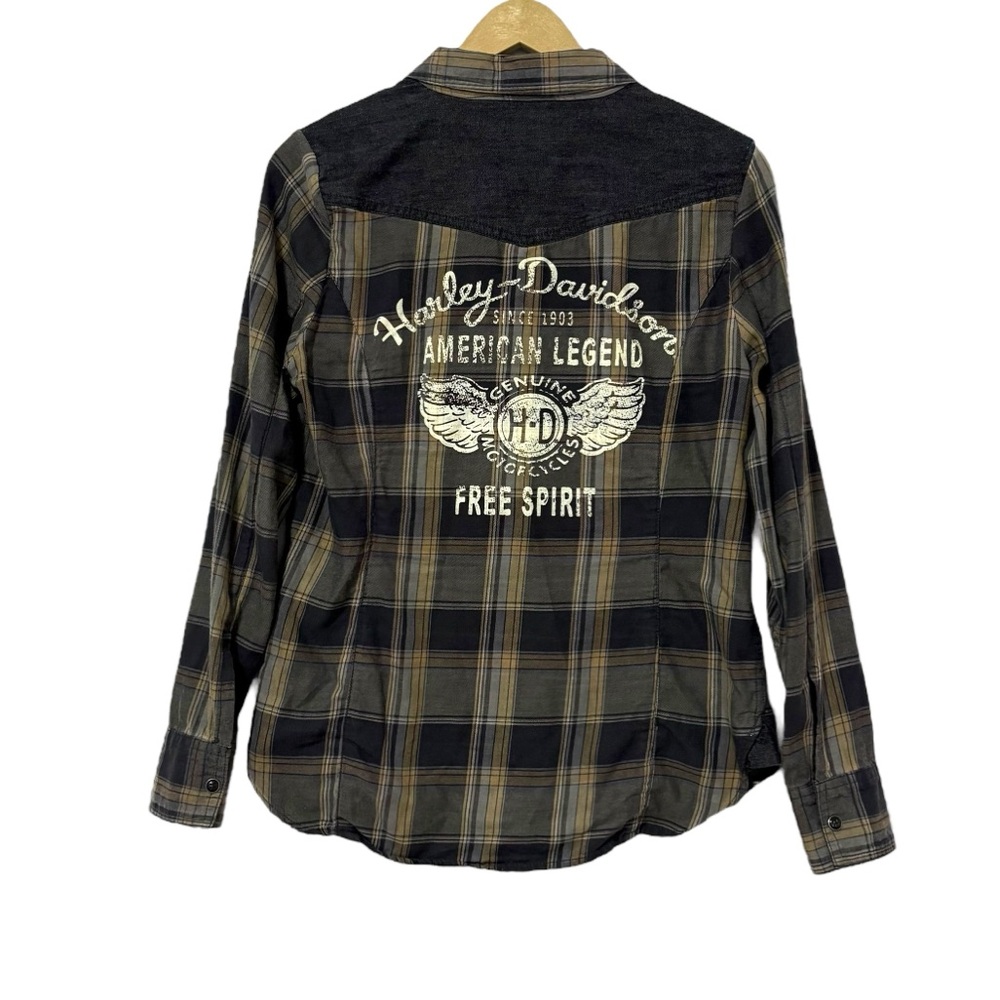 Harley Davidson Size Medium Black Gray Plaid Graphic Back Snap Button Up Shirt